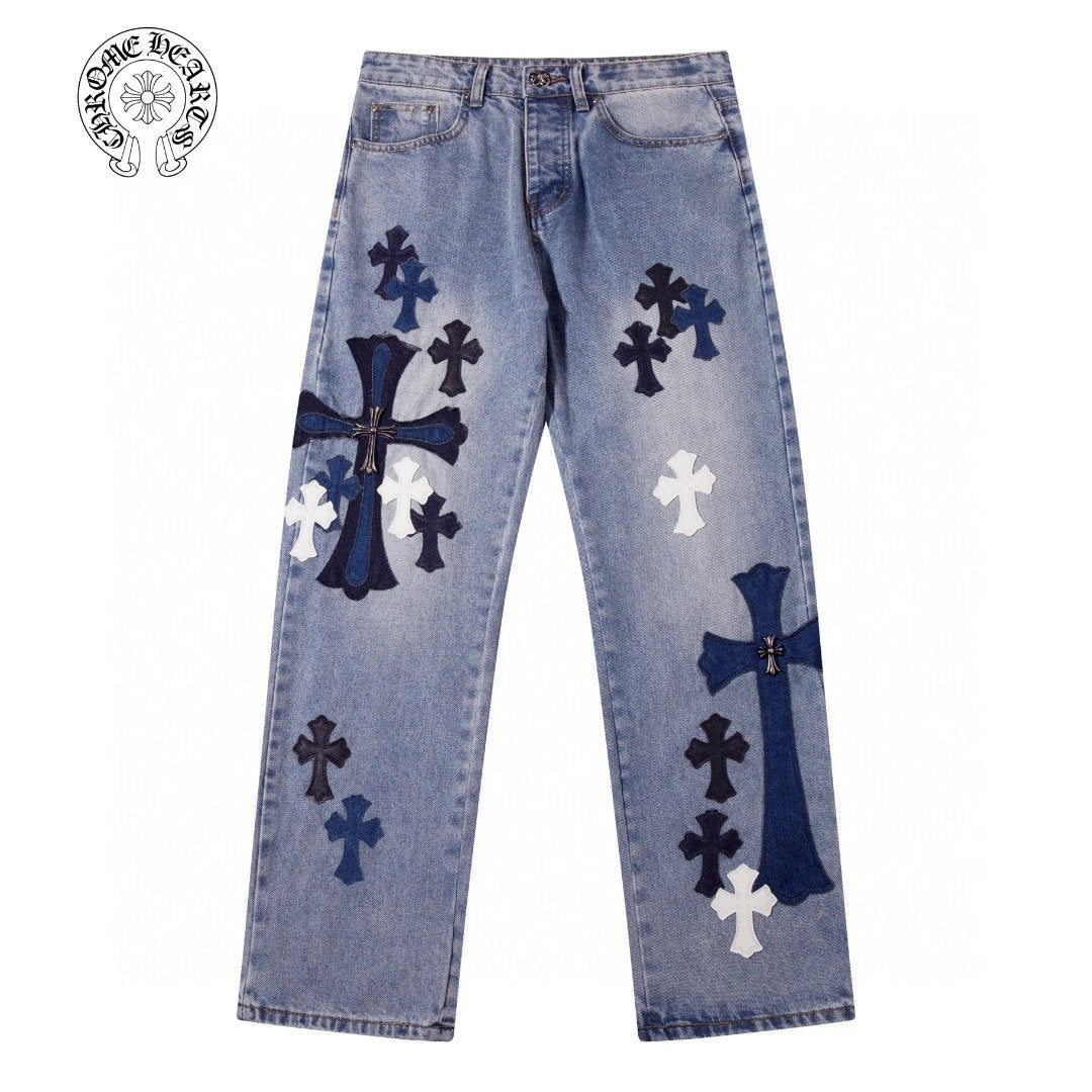 Chrome Hearts Jeans Cross Stitch Leather logo25ss Spring Summer New Straight Leg Jeans Unisex Slim Fit Long Pants Loose