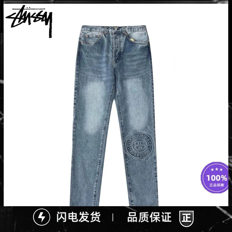 Stussy Jeans Top Version Counter Same Style Heavy Straight Stretch-Free Loose Blue Jeans Baita Casual Trousers for Men