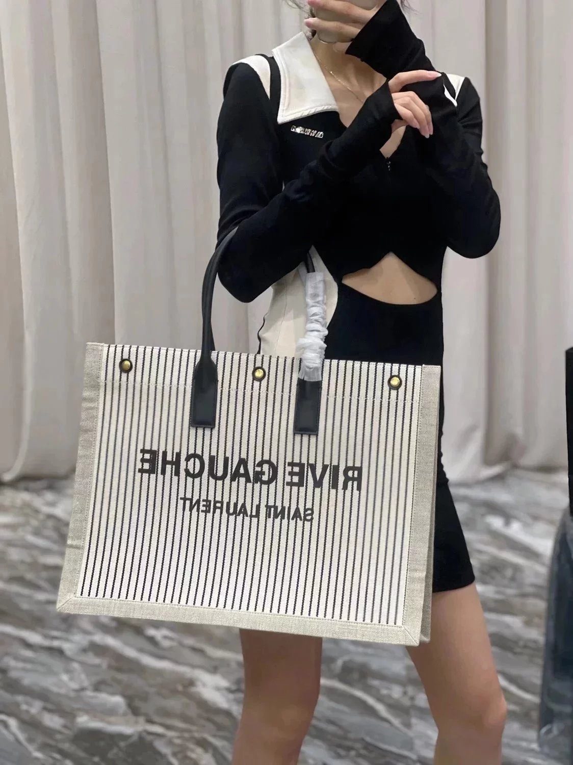 YSL Women's Bag Top version 2022Spring and Summer New Black and White Striped Shopping Bag RiveGaucheToteBag Left Bank Shopping Bag Tote Tote Bag Mummy Bag Handbag Computer Bag Lady Commuter Briefcase