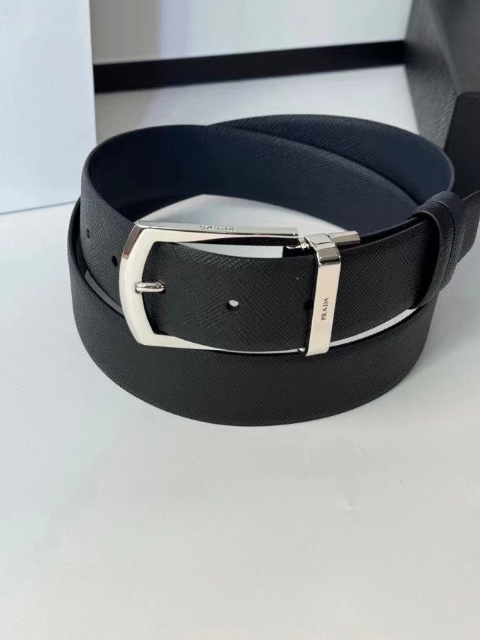 PRADA Belt Top version 【First Layer Cowhide】Men's Belt P Home Classic Business Belt Fashion Casual Width:3.5cm Boutique Pattern Automatic Buckle316Fine Steel Made Selected First Layer Cowhide Italian Leather Embryo PA Sliding Teeth Are Strong and Durable