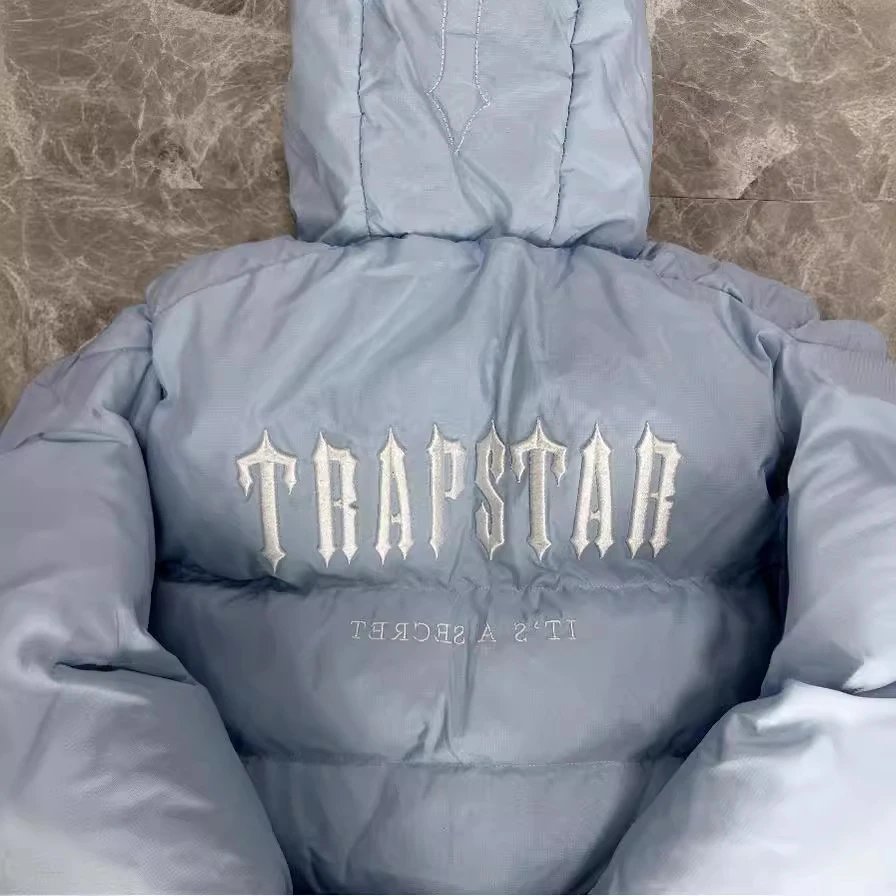 Trapstar Down Jackets Vests Autumn and Winter Light Blue Short Hood Coat Cotton-Padded Jacket Women's Small Fresh Tide Brand European and American Street Leisure