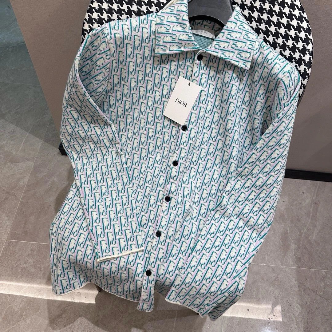 Dior Shirt Vintage Knitted Sweater Jacquard Shirt Long Sleeve Turn-down Collar Thickened Lazy Style OS Loose Fit Jacket Unisex Same Style Inner Versatile Casual Top