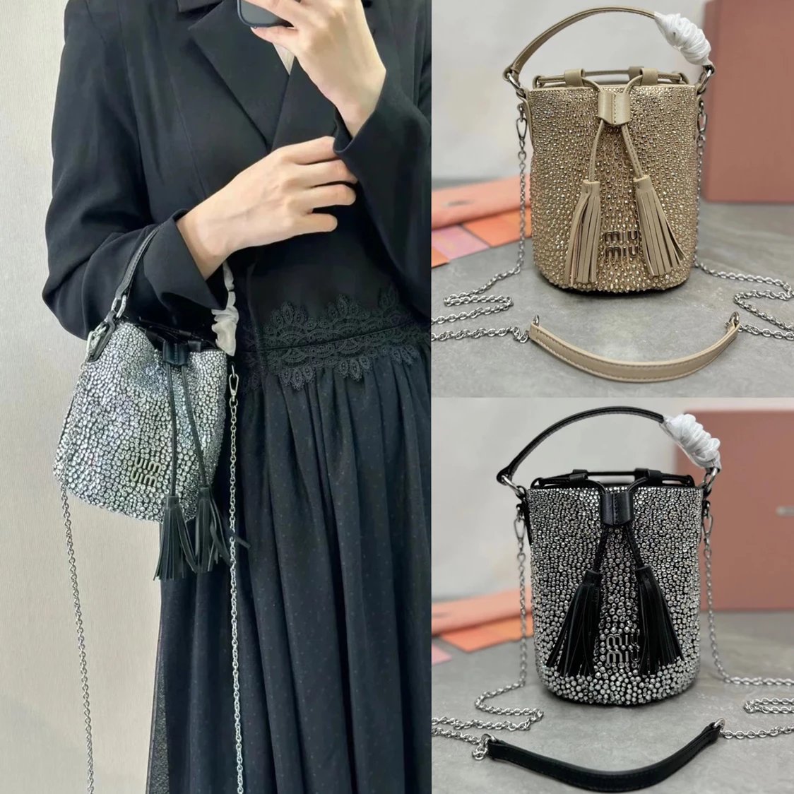 Miu Miu Bag Top version 【Highest Version Original Leather】New Diamond Bucket Bag Tassel Bucket Bag Handbag Crossbody Women's Bag New Full Diamond Small Bucket Rhinestone Tassel Bucket Bag5BE085