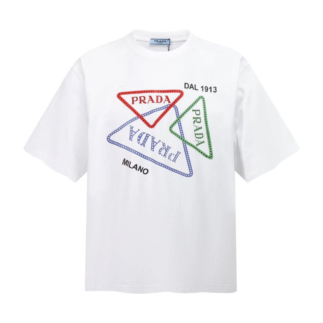 PRADA T-shirt Chest Three-Color Triangle Logo Print logo round Neck Short Sleeve25ss New Pure Cotton Unisex Style T T-shirt OS Loose Fit Base Shirt Short Sleeve Top T-Shirt