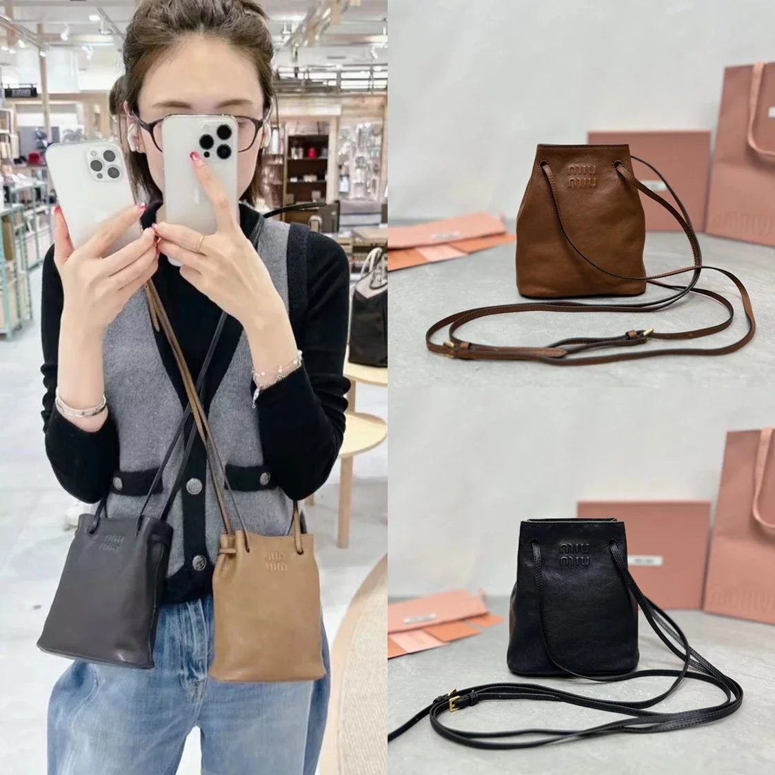 Miu Miu Bag Top version 【Super Version Original Factory】24New Women's Bag5NF460New Mini Bucket Bag Imported Sheepskin New Fortune Bucket mini Small Backpack Small Bucket Bag Messenger Bag Shoulder Bag Mobile Phone Bag New Women's Bag