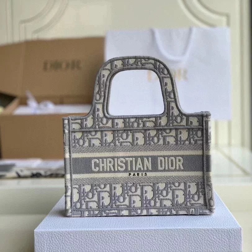 Dior Women's Bag Top version Same Style as Stars2023New Product BookTotemini Tote Bag Houndstooth Mini Small Sized Large Canvas Embroidered Shopping Bag Handbag Shoulder Bag Women's Bag