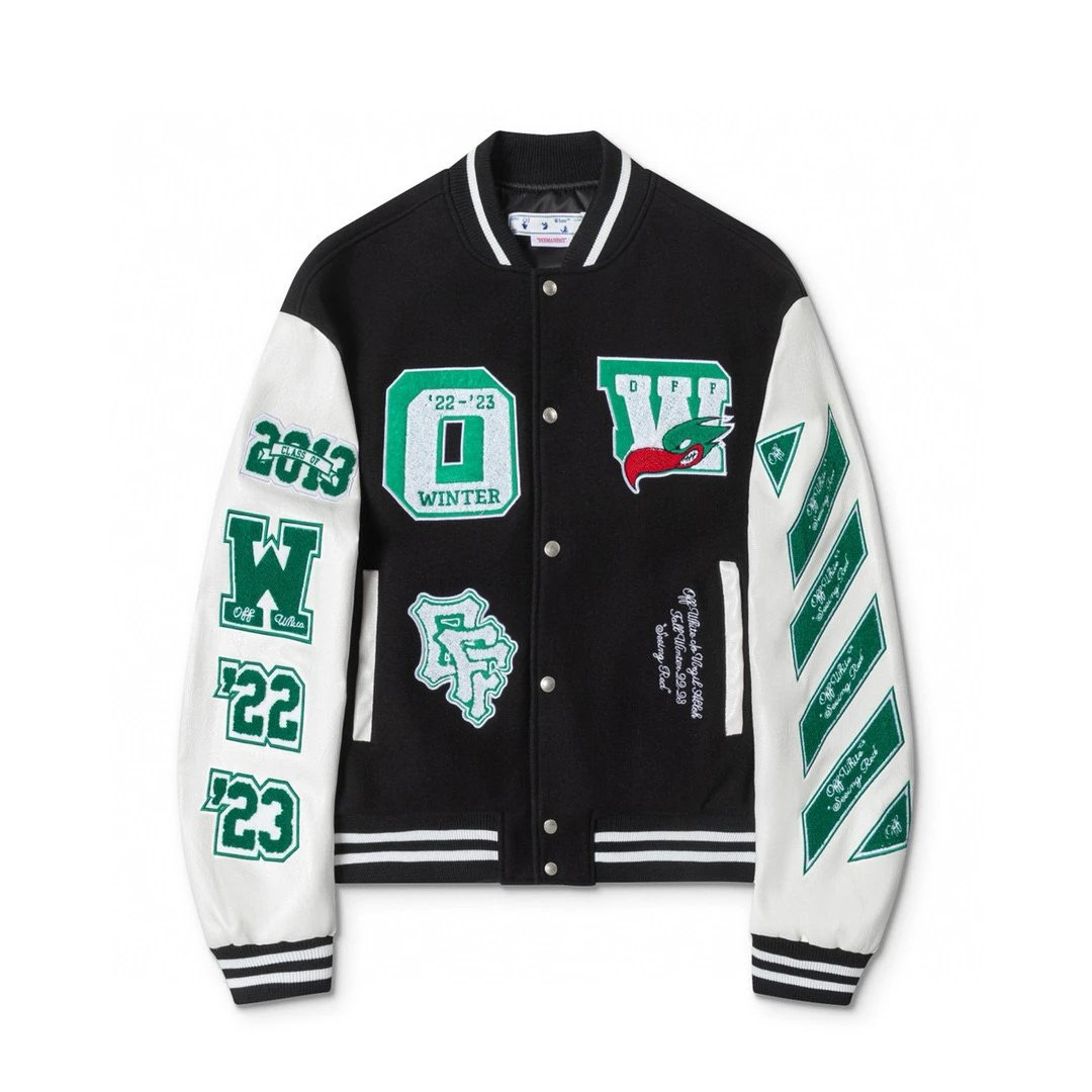 OFF-White Jackets Top Version Spring and Autumn Fashion Brand Fashion Letter Embroidery Baseball Uniform Men's and Women's Same Cartoon Rhinestone Long-Sleeved Casual Jacket