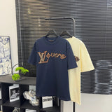 Louis Vuitton LV T-shirt New Sequin Handheld Letter Badge logo round Neck Short Sleeve25ss New Pure Cotton Unisex Style T Casual T-Shirt Base Layer Shirt OS Loose Fit Half Sleeve Top Plus Size