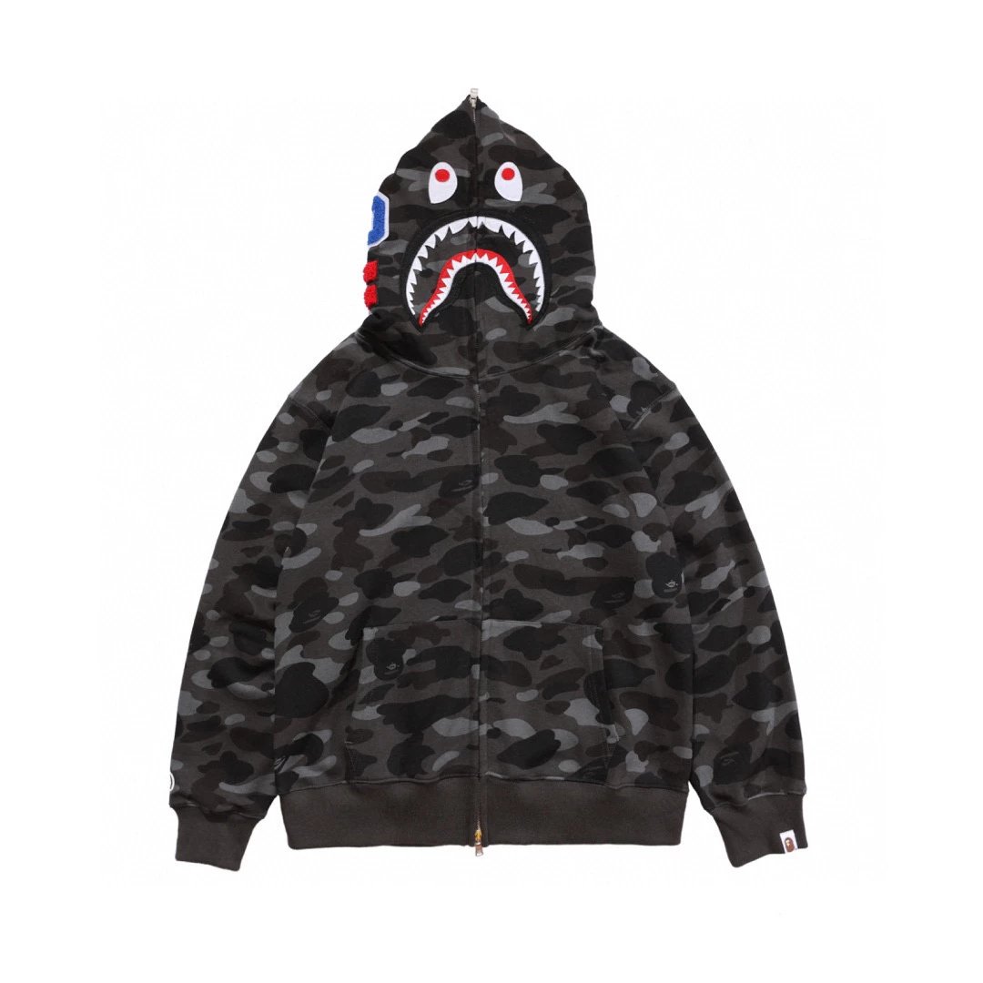 Bape Hoodie Top Version Double Hood Sweater Shark Camouflage Men and Women Same Style Fashion Brand Hooded Cardigan Hip Hop Jacket