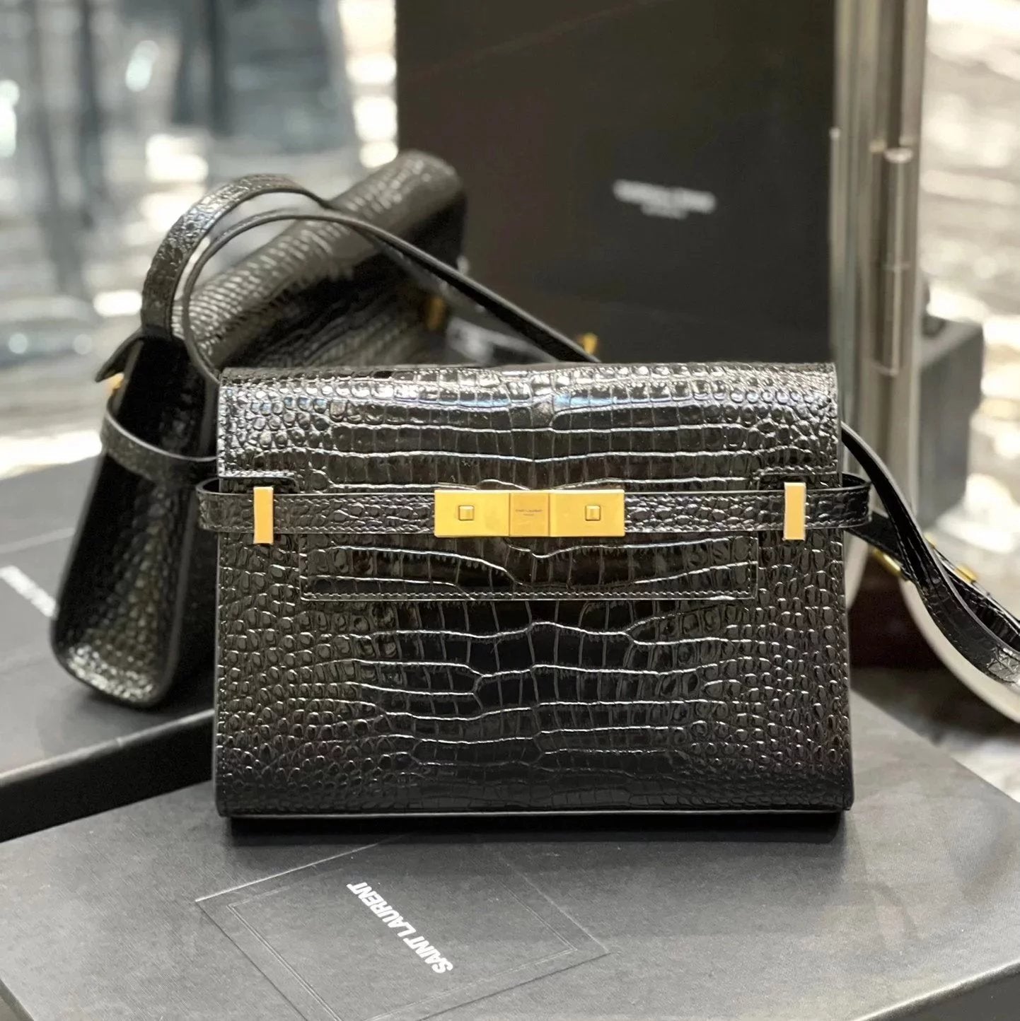 YSL Women's Bag Top version 【Level Surrogate Shopping】Following Niki After the New Manhattan Manhattan France hass Toothpick Pattern Calf Leather Crocodile Pattern Cowhide Is Very kelly Baguette Bag Manhattan Baguette Bag Large29cm Small Size24cm