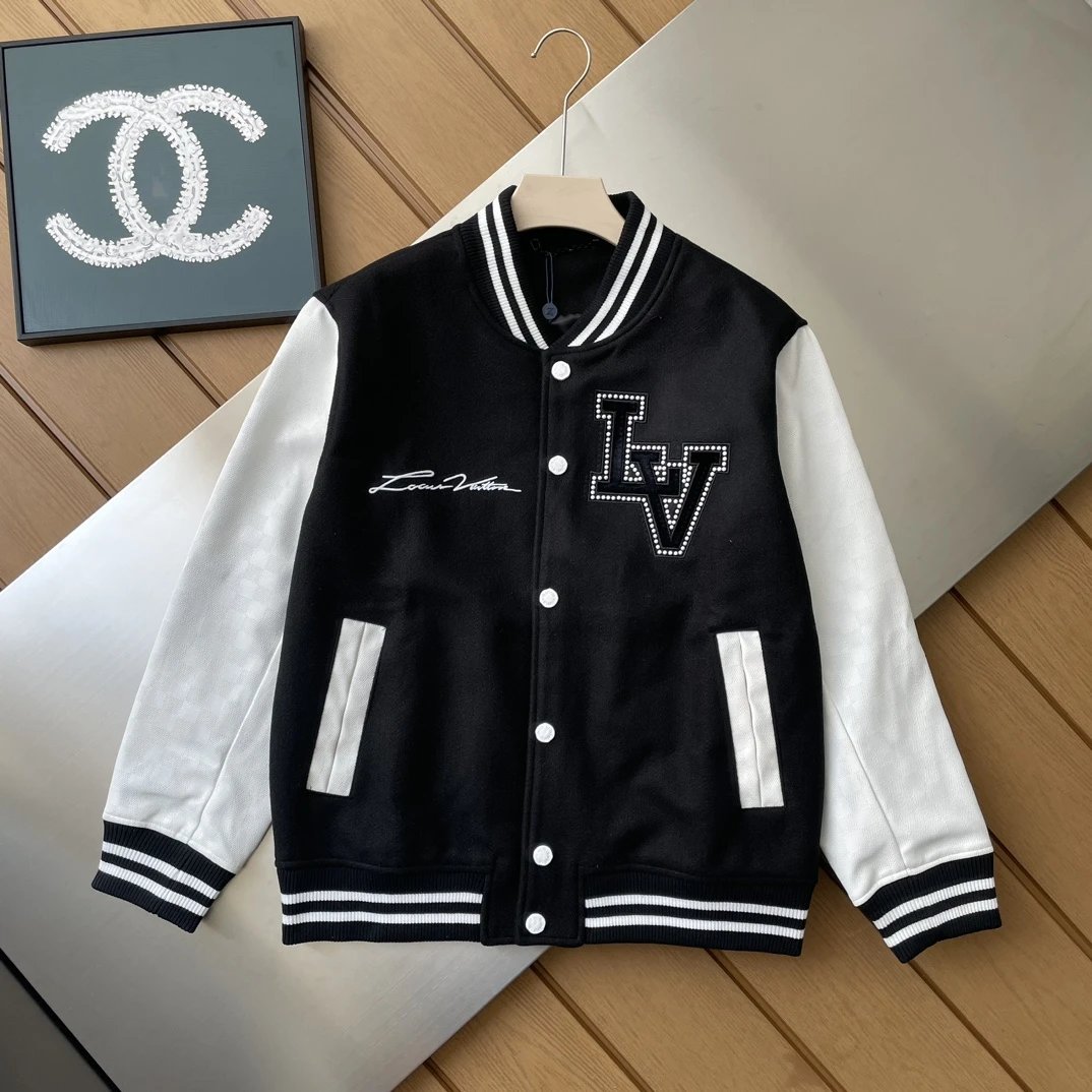 Louis Vuitton LV Jackets Baseball Waist Jacket with Velvet Chest LV Embroidered Beaded Black and White Contrast Short Jacket Towel Embroidery American Letter Unisex Street Thickened Padded Jacket