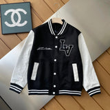 Louis Vuitton LV Jackets Baseball Waist Jacket with Velvet Chest LV Embroidered Beaded Black and White Contrast Short Jacket Towel Embroidery American Letter Unisex Street Thickened Padded Jacket