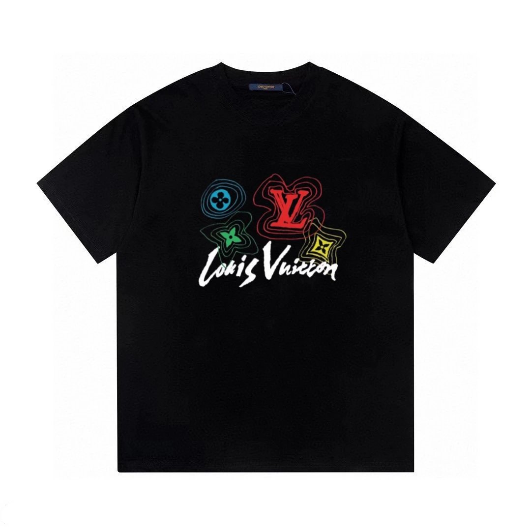 Louis Vuitton LV T-shirt Colorful Letter Print on the Chest logo round Neck Short Sleeve25ss New pure cotton T Unisex T-Shirt OS Drop Shoulder Loose Fit Base Shirt Top T-Shirt Short Sleeve