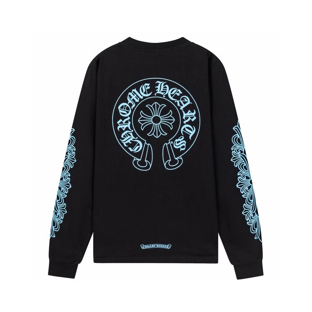 Chrome Hearts Hoodie Top Version2024New Fashion Brand Sanskrit Letter Printing Blue Letter Horseshoe Cross Pure Cotton Men's and Women's Long Sleeve T T-shirt