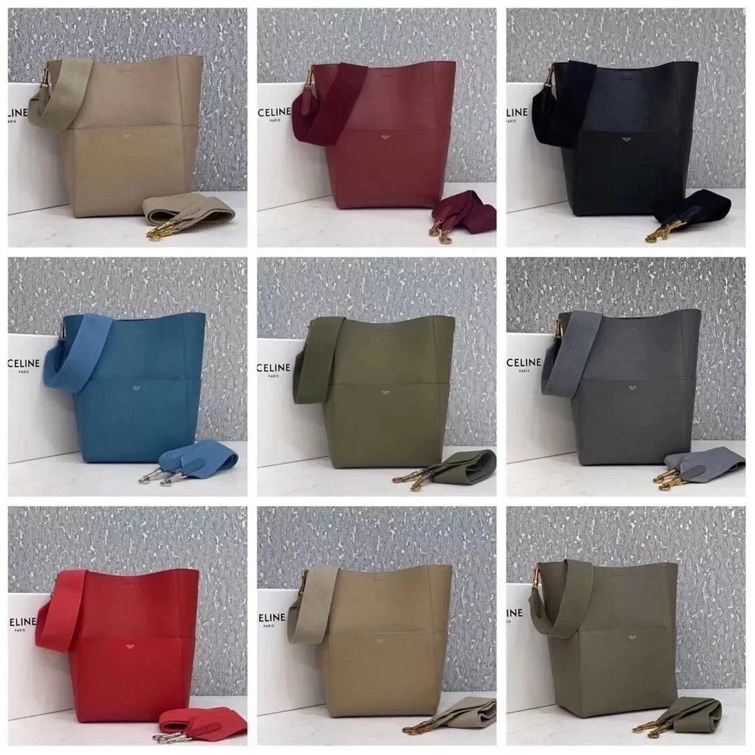 Celine women's bag Top version 【Level Surrogate Shopping】Large Size SeauSangleBucket Large Bucket Bag tote Tote Bag Litchi Grain Cowhide Commuter Bag Celine Women's Bag Mummy Bag sangle Bucket Bag Large