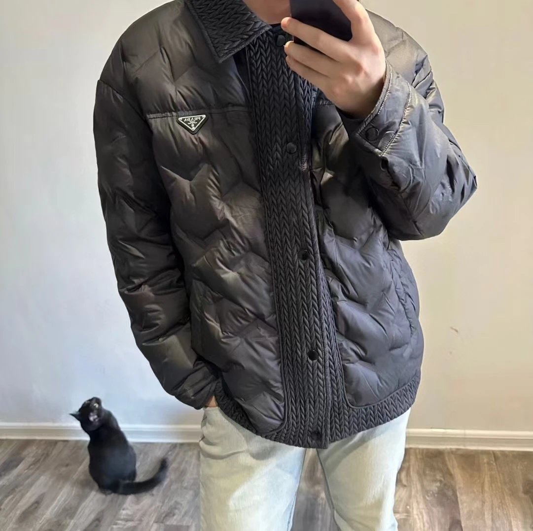 PRADA Down jacket Turn-down Collar Wheat Ear Down Jacket Unisex Fluffy Hooded Long Sleeve Puffer Coat Winter Thickened Warm Loose Versatile Fashion