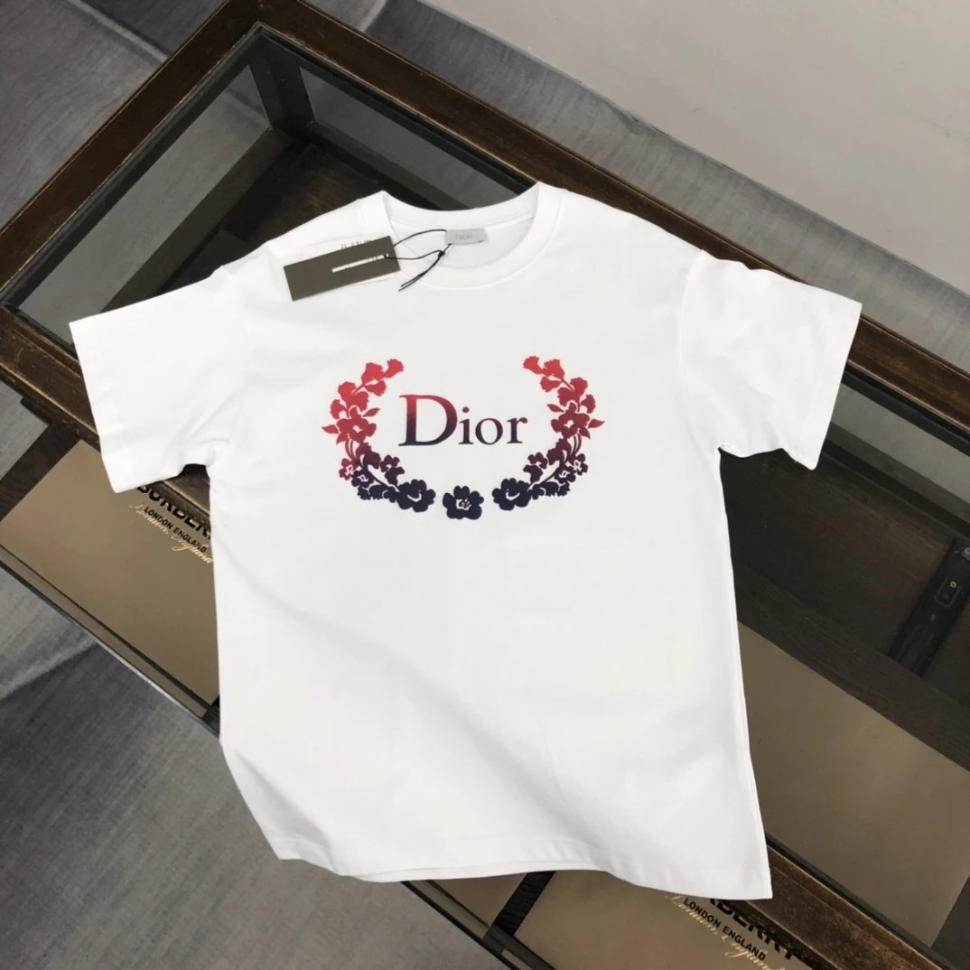 Dior T-shirt Floral Letter Print on the Chest logo round Neck Short Sleeve25ss New pure cotton T Unisex T-Shirt OS Loose Fit Base Shirt Top Half Sleeve T-Shirt