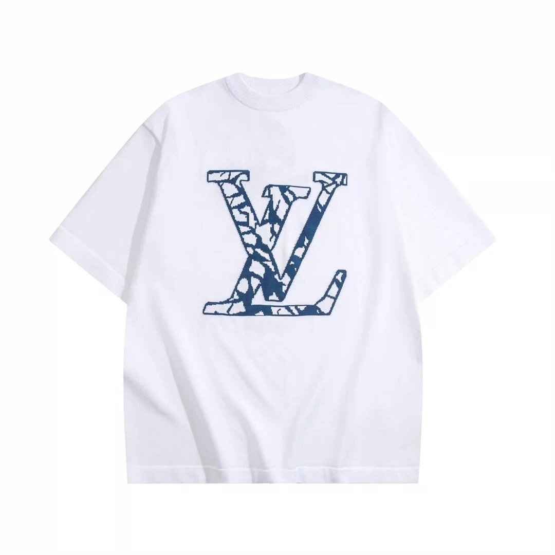 Louis Vuitton LV T-shirt Front and Back Blue Floral Knit Letter Pattern logo round Neck Short Sleeve25ss New Pure Cotton Unisex Style T T-shirt OS Loose Fit Base Shirt Half Sleeve T-Shirt Top Half Sleeve
