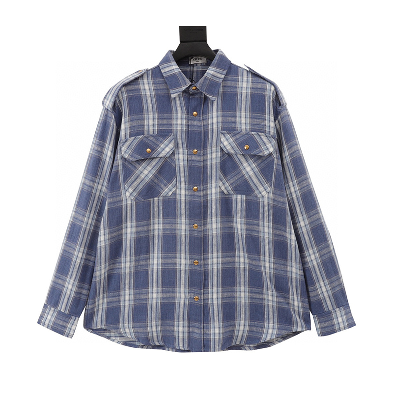 Celine Shirt 24ss Blue Plaid Long-Sleeved Shirt for Men and Women