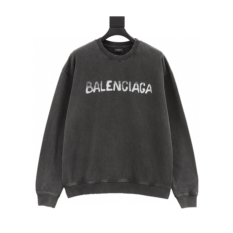 Balenciaga Hoodie Washed Letters Printed Crew Neck Sweatshirt Same Style for Men and Women