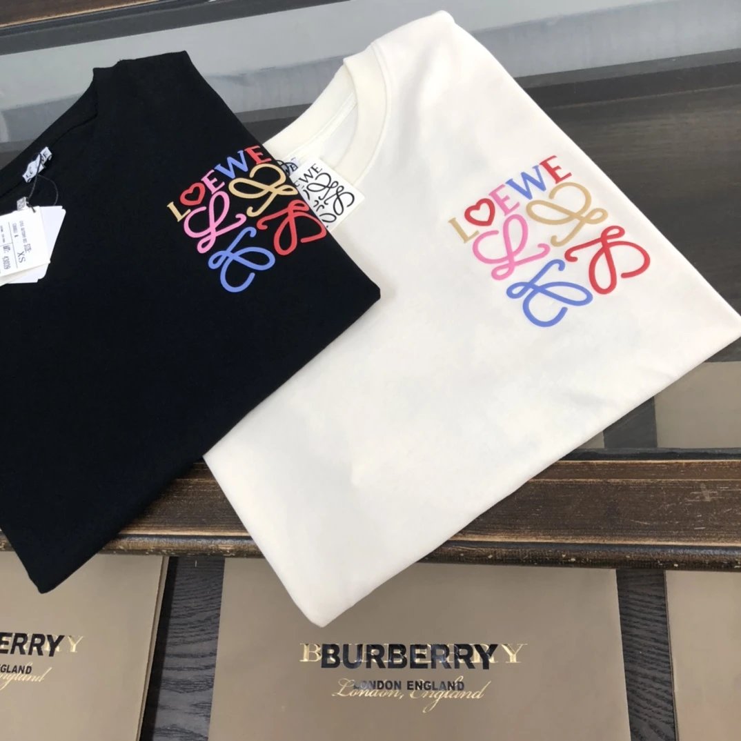 LOEWE T-shirt Back Colorful Letter Pattern Print logo round Neck Short Sleeve25ss New Pure Cotton Unisex Style T Casual T-Shirt Base Layer Shirt OS Loose Fit Half Sleeve Top Plus Size