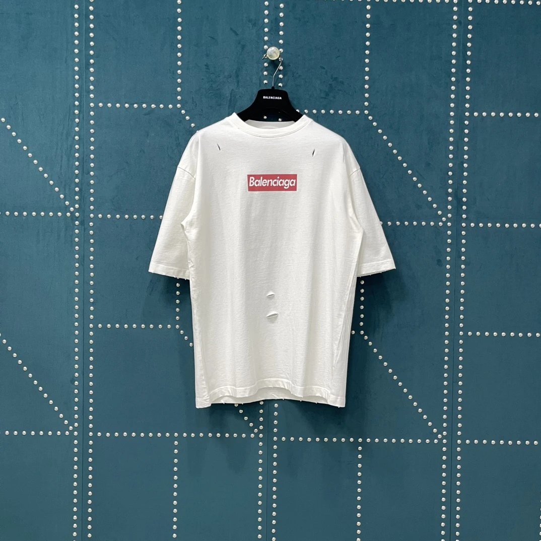 Balenciaga T-shirt Ripped Chest Letter Print logo round Neck Short Sleeve25ss New Pure Cotton Unisex Style T T-shirt OS Loose Fit Base Shirt Top Half Sleeve T-Shirt