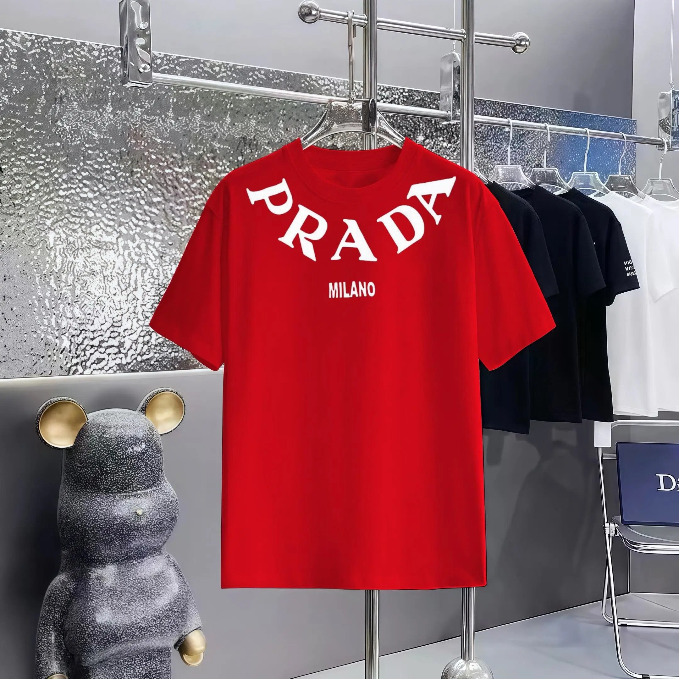 PRADA T-shirt Chest Arc-Shaped Brand Print logo round Neck Short Sleeve25ss New pure cotton T Unisex T-Shirt OS Drop Shoulder Loose Fit Base Shirt Top T-Shirt Short Sleeve