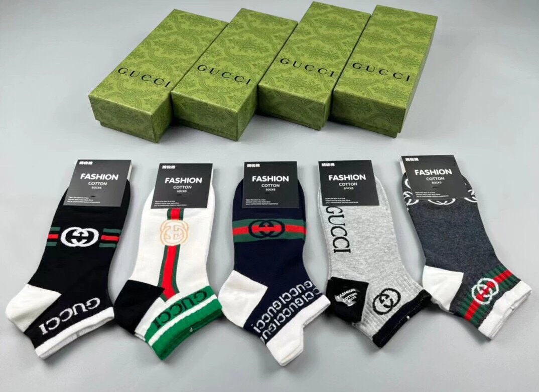 Gucci Sock 【Five Pairs Per Box】Classic Jacquard logo Breathable Fashion25ss New Short Tube Cotton Socks Thin Business Sports Casual Spring Summer Autumn Versatile Deodorant Sweat-Absorbing