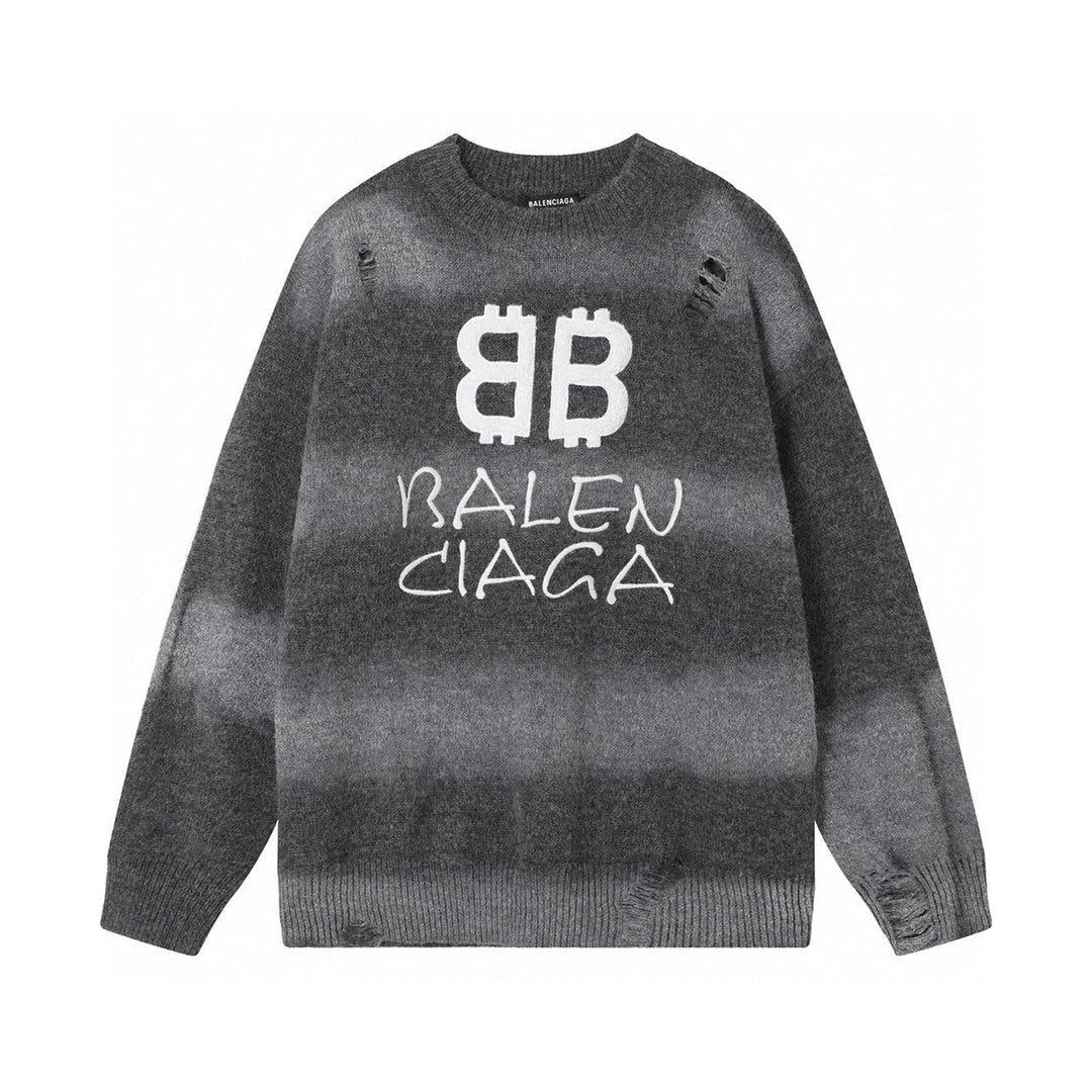 Balenciaga Sweater Ripped Double B Embroidery1ogo Patchwork Sweater Knitwear Round Neck Sweater Long Sleeve Thickened Lazy Style Unisex Loose Top Coat Inner and Outer Wear