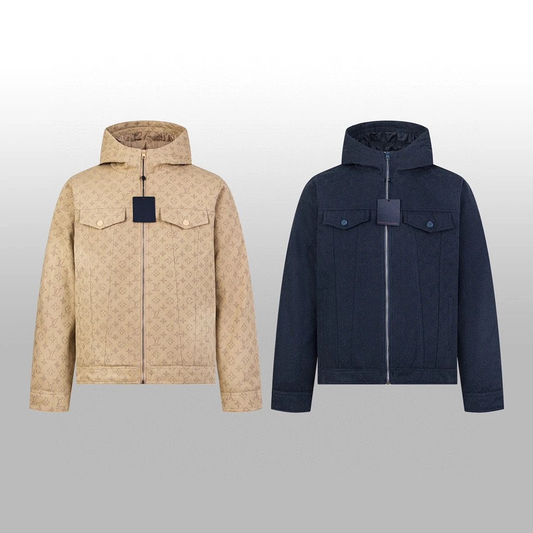 Louis Vuitton LV Down Jacket Denim Vintage Hooded Down Jacket Unisex Fluffy Hooded Long Sleeve Winter Thickened Warm Coat Loose Versatile Fashion