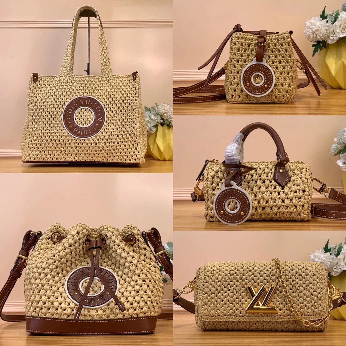 Louis Vuitton LV Women's Bag Top version 【Super Original】M24723Woven Raffia Cubic Bag Series ONTHEGO Medium Handbag Tote Bag NoeBB Bucket Bag M24722Woven Raffia NOEPURSE Bucket Handbag M83521TwistWest Handbag