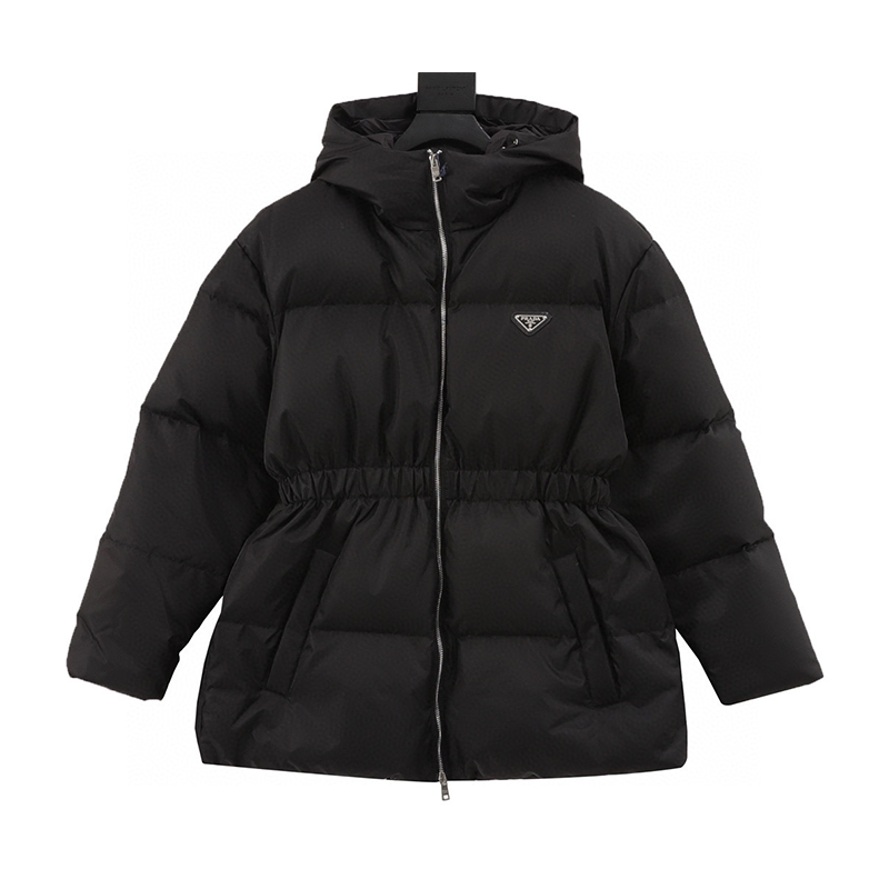 PRADA Down jacket  24ss Iron Brand Triangle Mark Hoodie Cinched Mid-Length down Jacket Women's