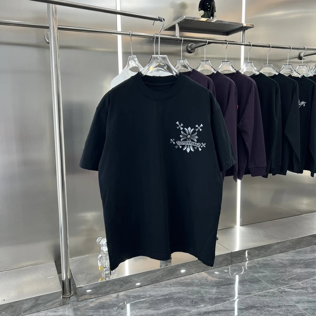 Chrome Hearts T-shirt Hand-painted Unique Style Round Neck Short Sleeve Pure Cotton Unisex T Shirt Bottoming Shirt OS Loose Fit T-Shirt