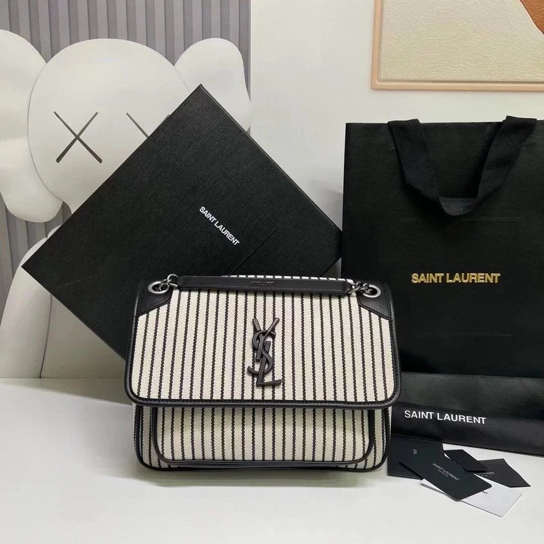 YSL Women's Bag Top version 2022New Product Niki Striped Canvas Bright Black and White Striped Color Matching Two Sides Decorated with Black Cowhide to Make People Shine at the Moment.Front Embellished Iconic“”logo New Sign Niki Package Medium and Small S