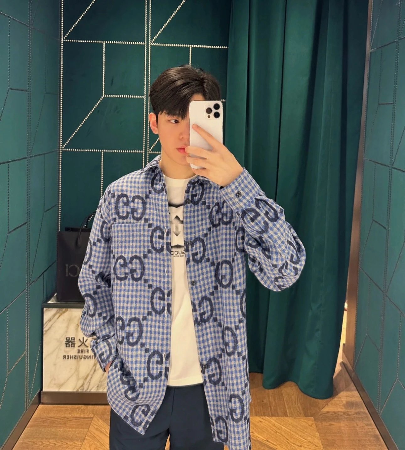 Gucci Jackets 24FW Blue Plaid Cotton Linen Jacquard Long Sleeve Shirt Unisex Jacket