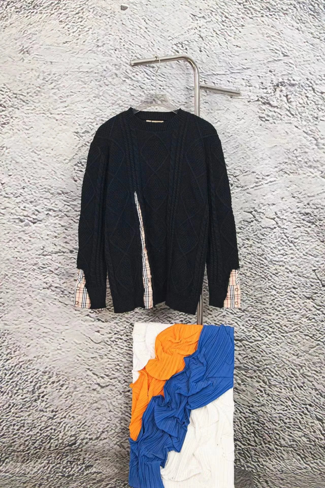 Burberry Sweater Black Patchwork Versatile Crew Neck Sweater Long Sleeve Thickened Lazy Style Unisex Loose Knit Top Coat Inner and Outer Wear Versatile Casual