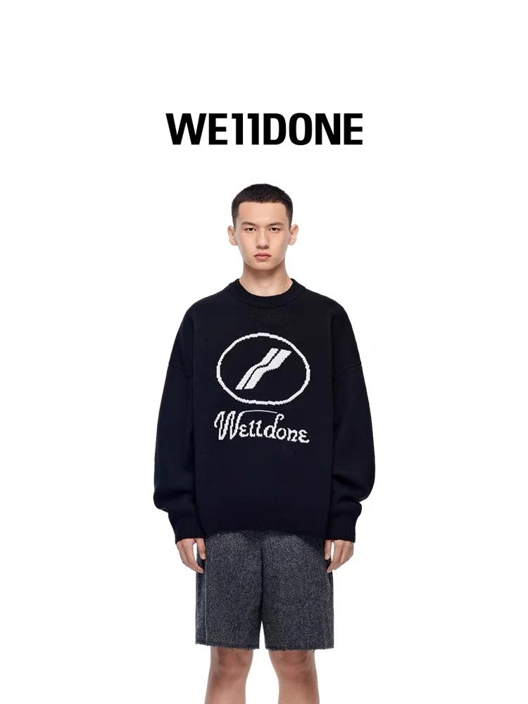 We11done Sweater Top Version Official Network Synchronization Men's and Women's Same Pattern Inlay round Neck Knitted Sweater