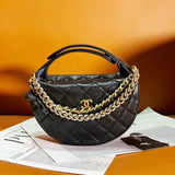 Chanel Women's Bag Top version 【Level Surrogate Shopping】Bag l24S Hula Hoop Bag Chain Bow Clutch Dinner Bag Black Gold Cowhide Lychee Pattern Handbag Women's Bag AP3943