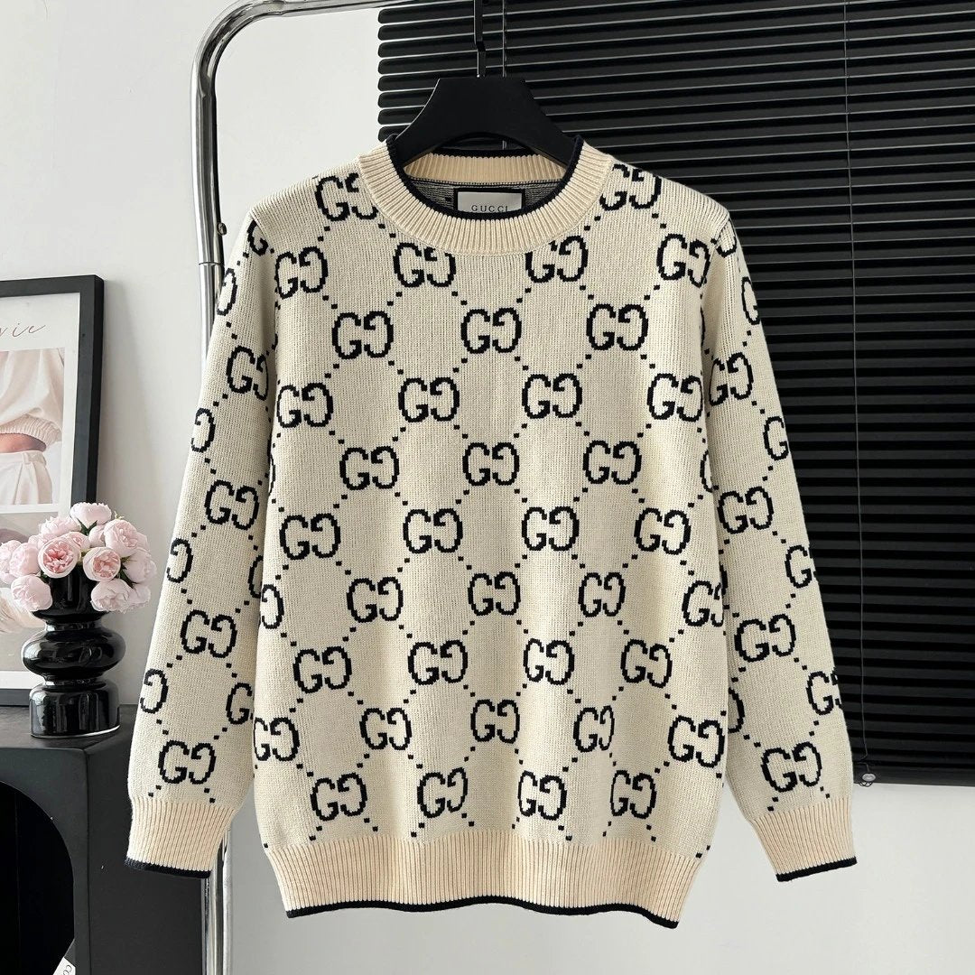 Gucci Sweater Full Print LOGO Connected Crew Neck Sweater25ss Spring New Thickened Long Sleeve Pullover Unisex OS Loose Fit Top Versatile Casual Jacket Lazy Style