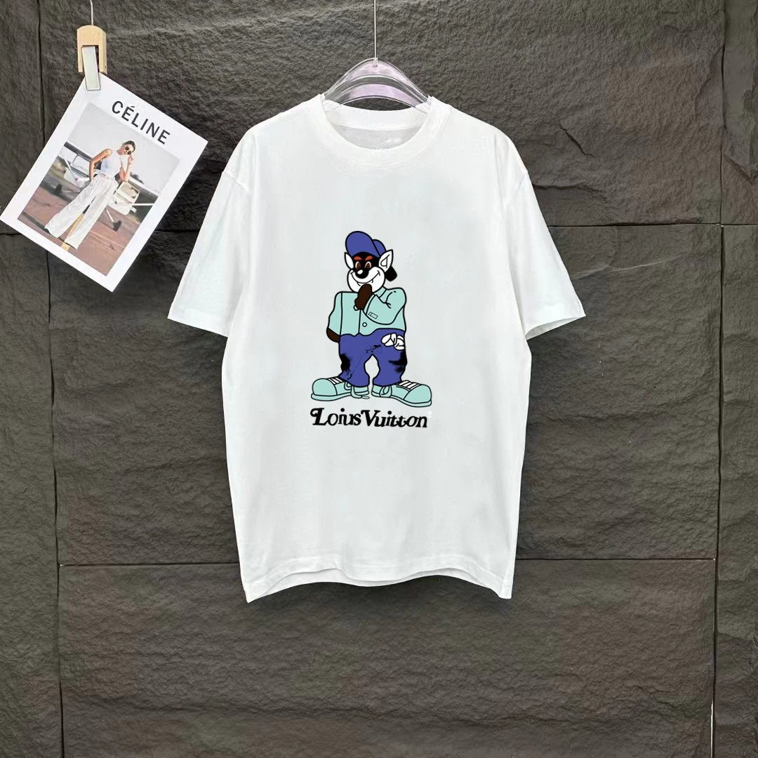 Louis Vuitton LV T-shirt Cartoon Print on the Chest logo round Neck Short Sleeve25ss New pure cotton T Unisex T-Shirt OS Loose Fit Base Shirt Top Half Sleeve T-Shirt