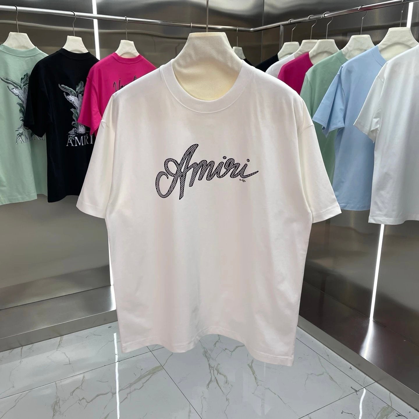 Amiri T-shirt Chest Signature Letter Printing logo round Neck Short Sleeve25ss New pure cotton T Unisex T-Shirt OS Drop Shoulder Loose Fit Base Shirt Top T-Shirt Short Sleeve