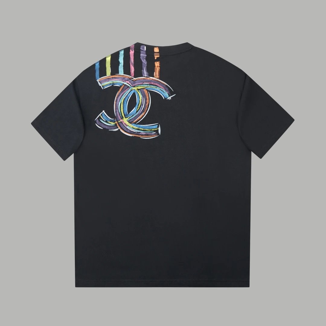 Chanel T-shirt Rainbow Pattern Print on the Chest logo round Neck Short Sleeve25ss New pure cotton T Unisex T-Shirt OS Drop Shoulder Loose Fit Base Shirt Top T-Shirt Short Sleeve