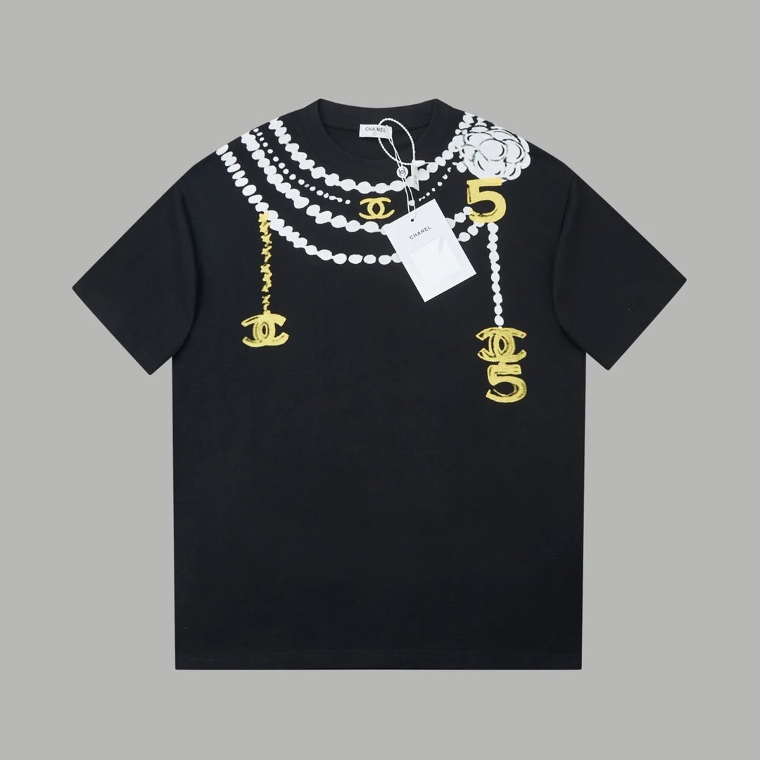 Chanel T-shirt Necklace with Alphabet and Number Print logo round Neck Short Sleeve25ss New Pure Cotton Unisex Style T T-shirt OS Loose Fit Base Shirt Top Half Sleeve T-Shirt