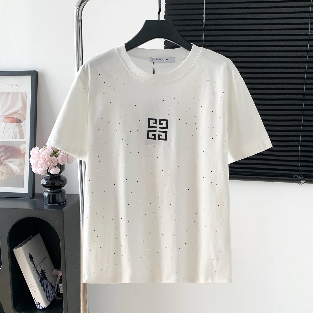 Givenchy T-shirt Front Crystal Print logo round Neck Short Sleeve25ss New Pure Cotton Unisex Style T T-shirt OS Loose Fit Base Shirt Top Half Sleeve T-Shirt