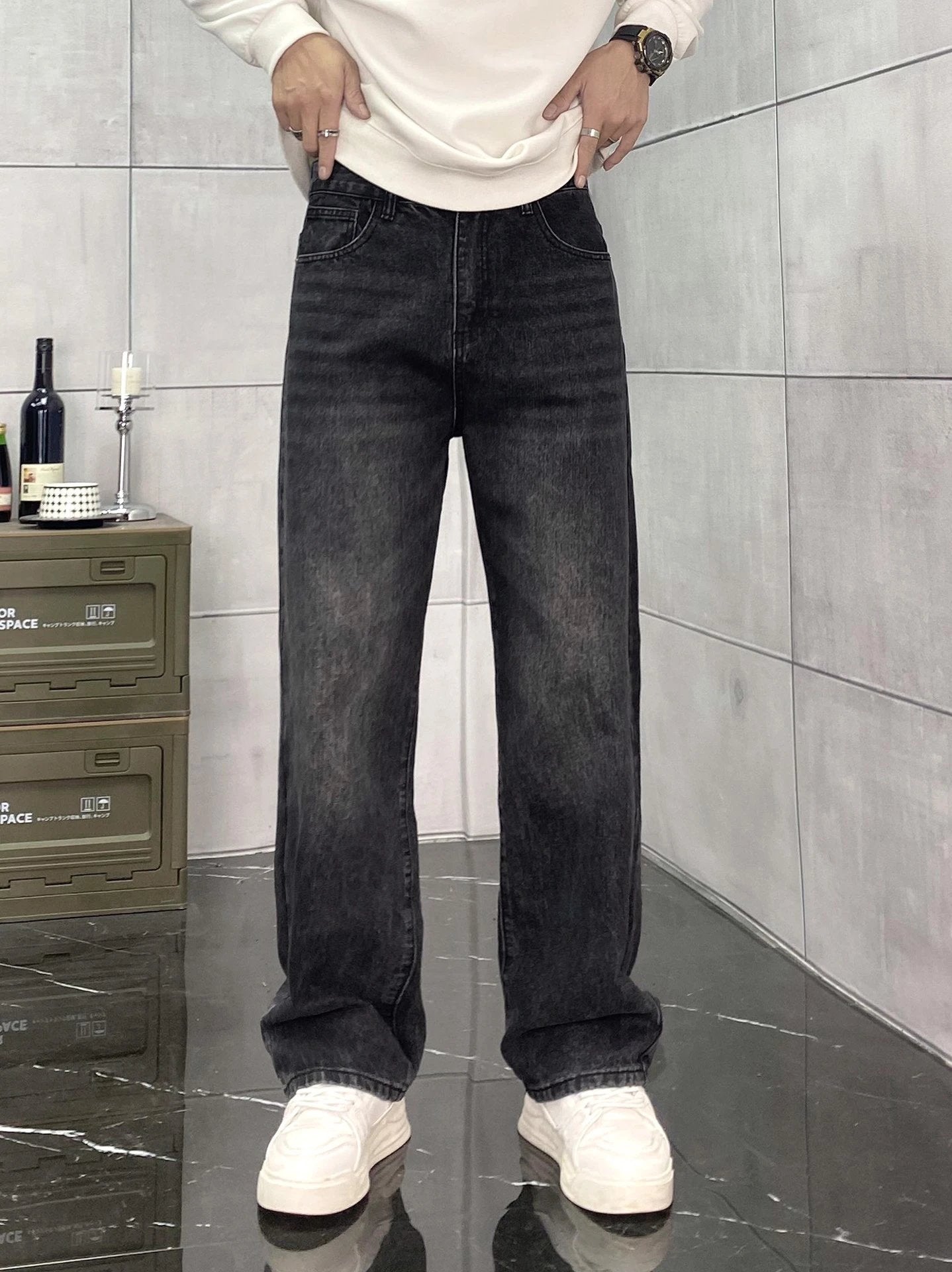 Balenciaga Jeans Double Waistband B Leather tag logo Straight Washed Blue Jeans Autumn Winter New Unisex Long Pants Loose Casual High Waist
