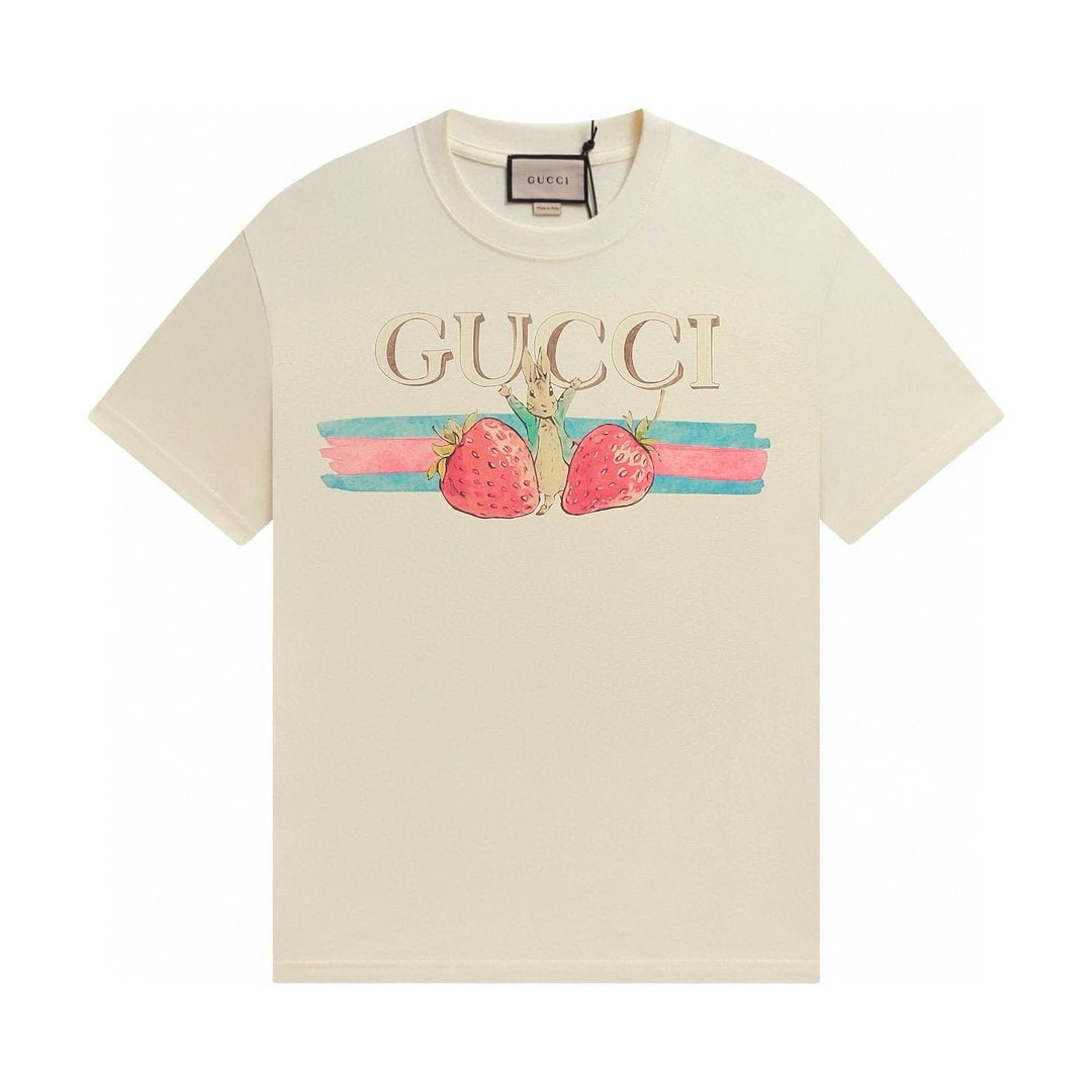 Gucci T-shirt Strawberry Bunny Print on Chest logo round Neck Short Sleeve25ss New pure cotton T Unisex T-Shirt OS Drop Shoulder Loose Fit Base Shirt Top T-Shirt Short Sleeve