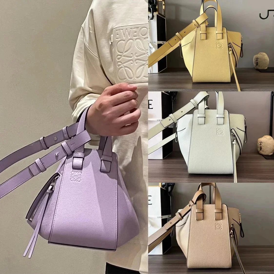 LOEWE Women's Bag Top version 【Original Leather Premium Version】2023New Hammock Bag Satin Cowhide Hammock Handbag New Size20cm New Hammock Bag Handbag Vegetable Basket Bag Women's Bag Silk Surface Cow Leather Wide Shoulder Strap Litchi Pattern Cowhide Lea