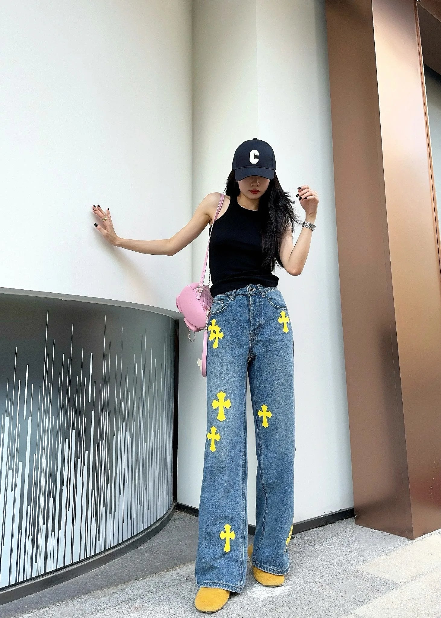 Chrome Hearts Jeans 24Classic Blue Yellow Leather Cross Denim Pants Retro Blue Unisex Couple Style Casual Versatile