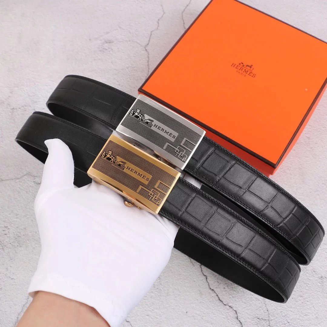 Hermes Belt Top version Exclusive Real Shot High Quality Double-Sided Imported First Layer Cowhide Belt Men's Belt Genuine Leather Stainless Steel Automatic Buckle3.5Centimeter Wide