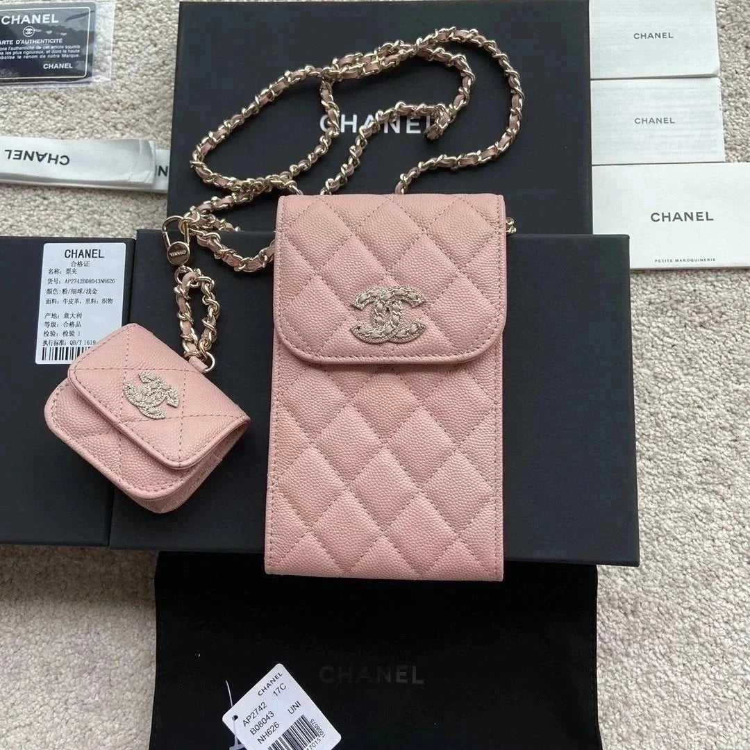 Chanel Wallet Top version Two-in-One Mobile Phone Bag Earphone Bag Pairs CC Home Wallet Shoulder Messenger Bag Chain Bag Women's Bag Imported Italian Particle Cowhide Size:w10×h16.5×2cm Color:Black Pink Fine Ball Pattern Diamond-Embedded Hardware Mother a